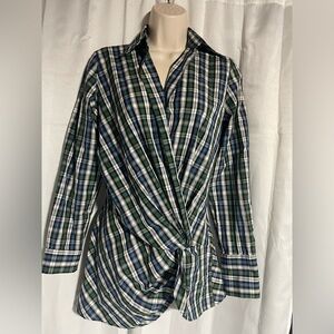 ZARA Woman Blue Green White Plaid Faux Wrap Long Sleeve Blouse Shirt Size XS